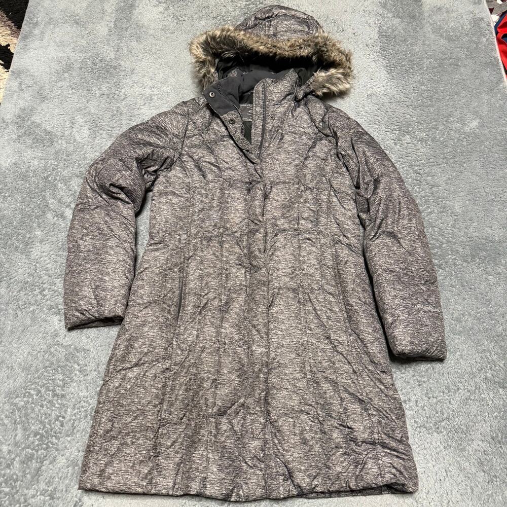 Eddie Bauer Down Coat Womens Small Petite Gray long Hooded Winter